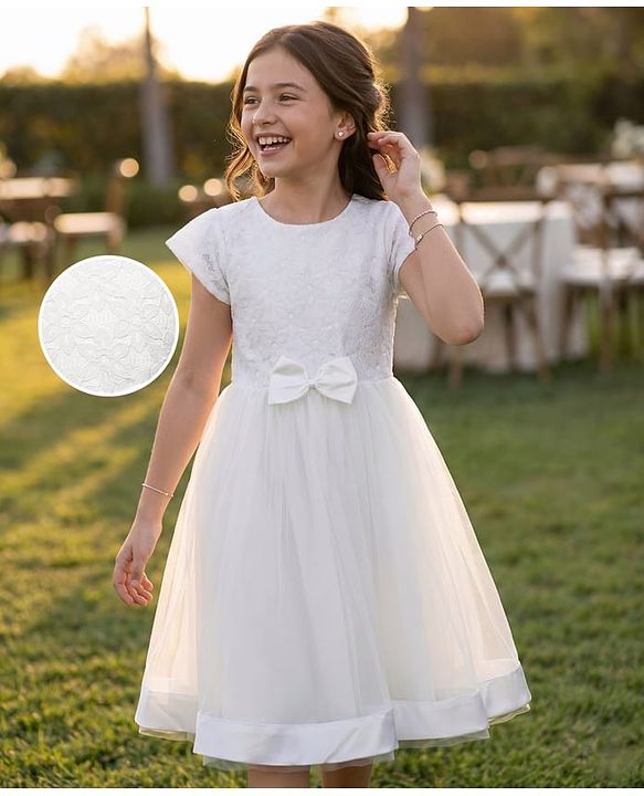 Pine Kids Woven Half Sleeves Mesh Party Dress with Bow Applique & Floral Detailing - White