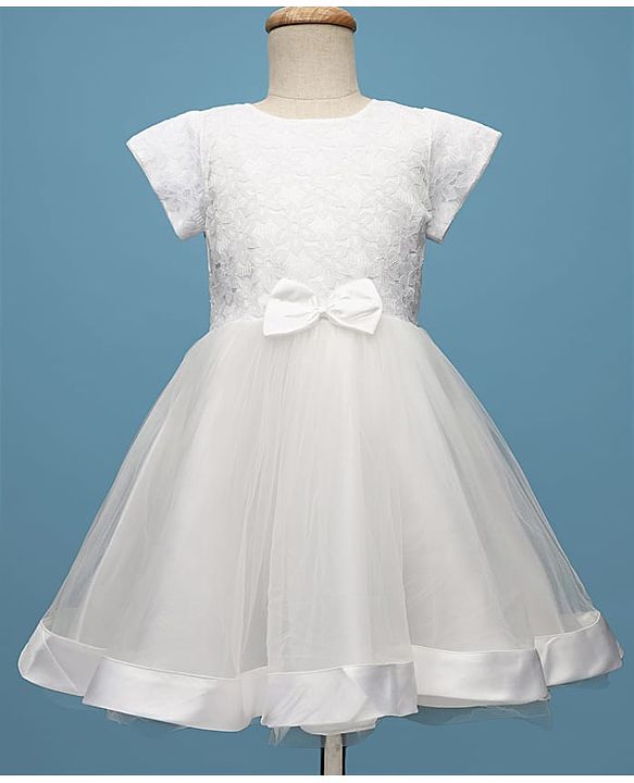 Pine Kids Woven Half Sleeves Mesh Party Dress with Bow Applique & Floral Detailing - White