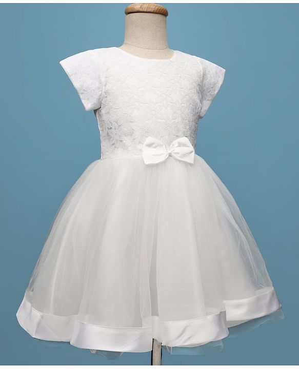 Pine Kids Woven Half Sleeves Mesh Party Dress with Bow Applique & Floral Detailing - White
