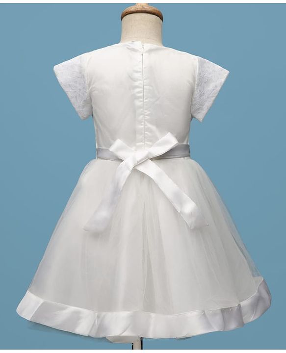 Pine Kids Woven Half Sleeves Mesh Party Dress with Bow Applique & Floral Detailing - White
