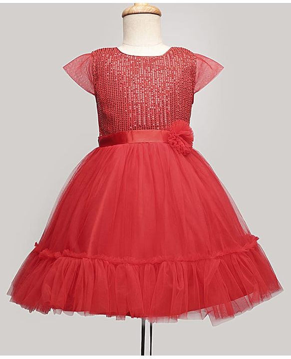 Pine Kids Woven Cap Sleeves Mesh Party Dress with Sequin Detailing & Floral Applique - Red