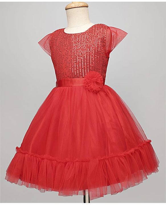 Pine Kids Woven Cap Sleeves Mesh Party Dress with Sequin Detailing & Floral Applique - Red