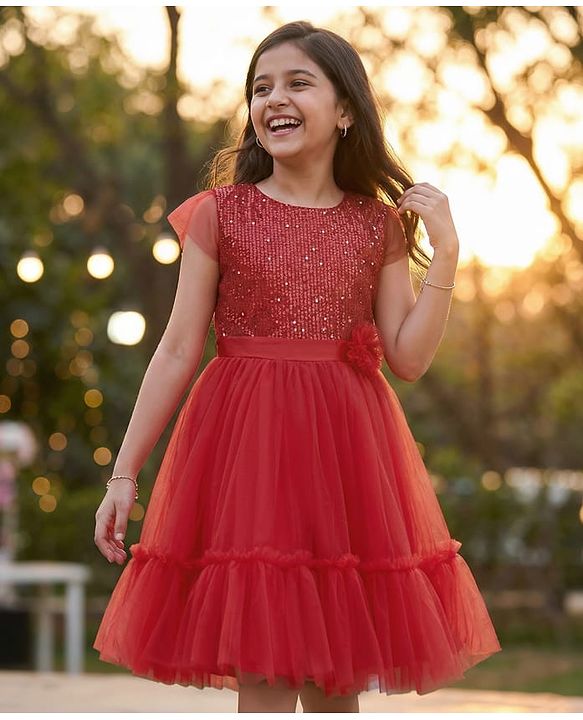 Pine Kids Woven Cap Sleeves Mesh Party Dress with Sequin Detailing & Floral Applique - Red