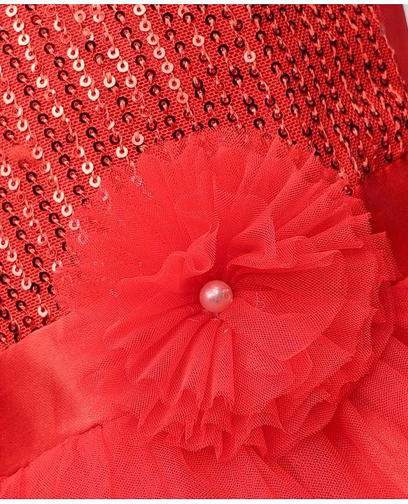 Pine Kids Woven Cap Sleeves Mesh Party Dress with Sequin Detailing & Floral Applique - Red