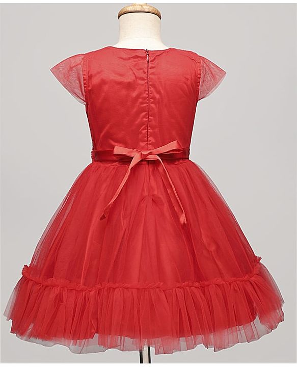 Pine Kids Woven Cap Sleeves Mesh Party Dress with Sequin Detailing & Floral Applique - Red