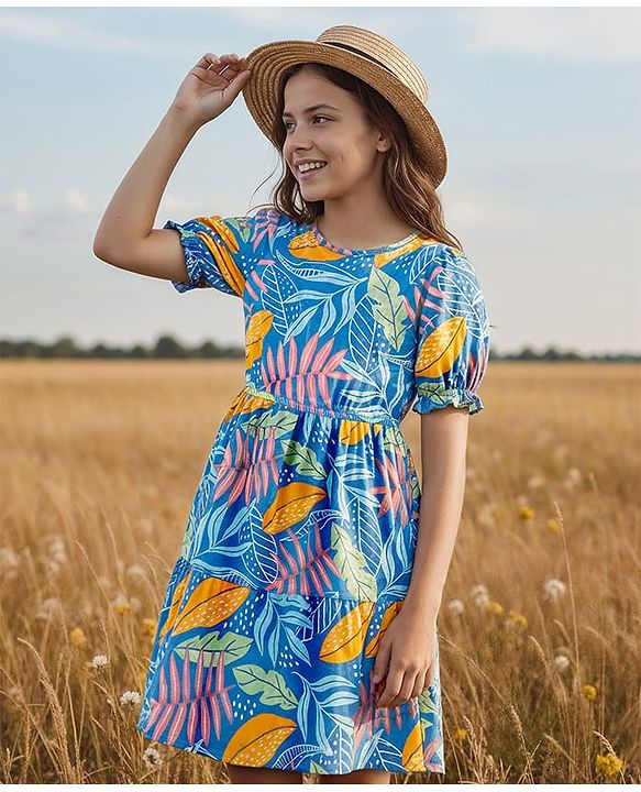 Pine Kids Cotton Knit Half Puffed Sleeves Frock with Leaves Print - Blue