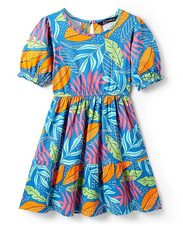Pine Kids Cotton Knit Half Puffed Sleeves Frock with Leaves Print - Blue