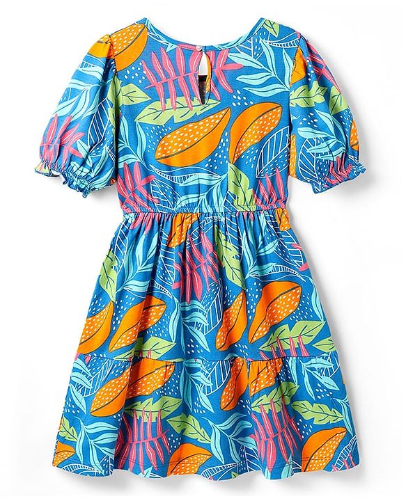 Pine Kids Cotton Knit Half Puffed Sleeves Frock with Leaves Print - Blue