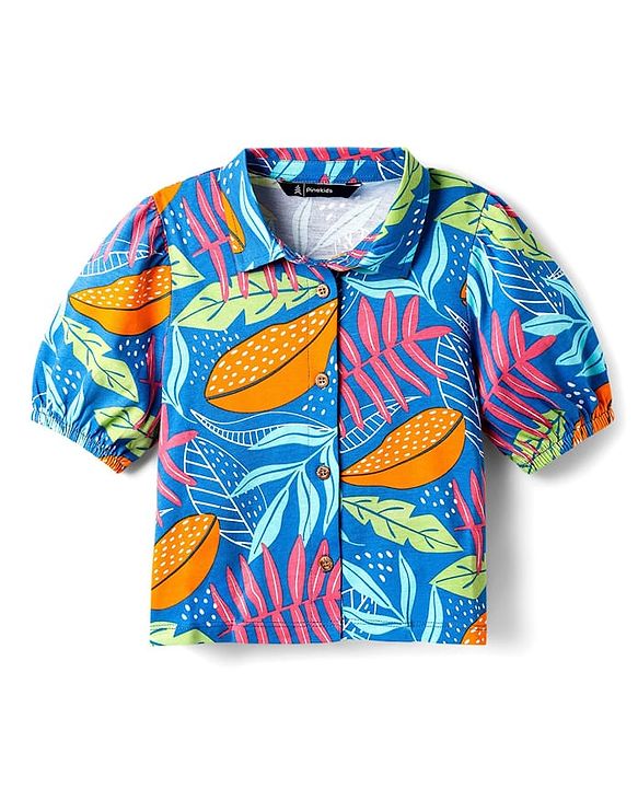 Pine Kids Cotton Knit Puffed Sleeves Top with Tropical Print - Blue