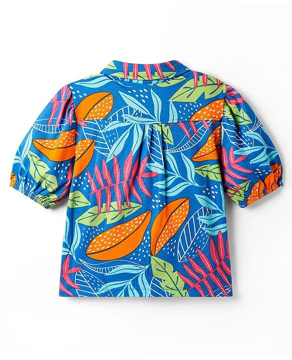 Pine Kids Cotton Knit Puffed Sleeves Top with Tropical Print - Blue