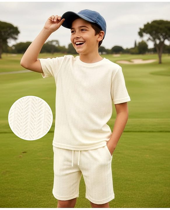 Pine Kids Knit Half Sleeves Solid T-Shirt & Shorts Co-Ord Set - White