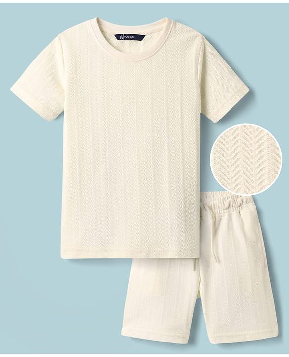Pine Kids Knit Half Sleeves Solid T-Shirt & Shorts Co-Ord Set - White
