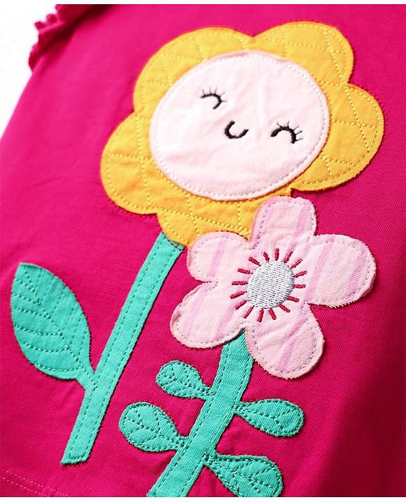 Babyhug Cotton Knit Frill Sleeves With Floral Patch & Embroidery - Dark Pink
