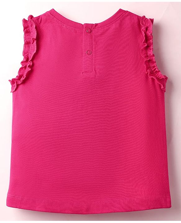 Babyhug Cotton Knit Frill Sleeves With Floral Patch & Embroidery - Dark Pink