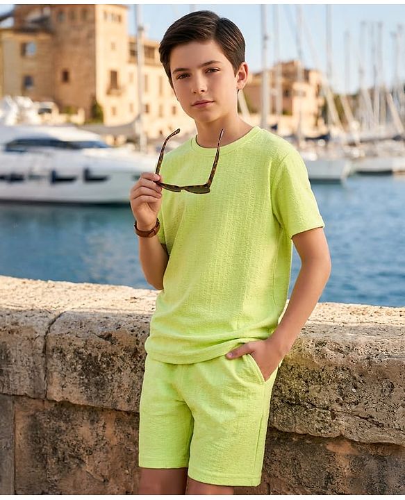 Pine Kids Knit Half Sleeves Solid T-Shirt & Shorts Co-Ord Set - Lime Green