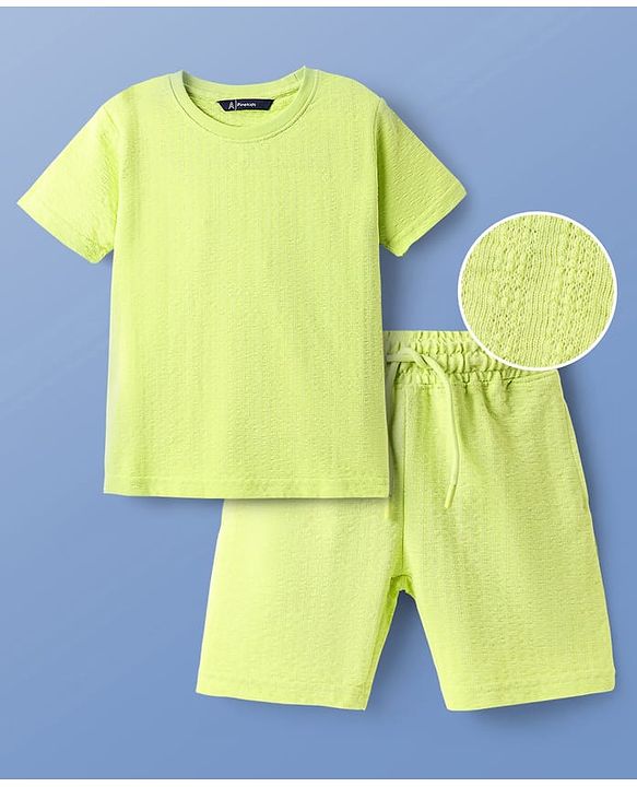 Pine Kids Knit Half Sleeves Solid T-Shirt & Shorts Co-Ord Set - Lime Green