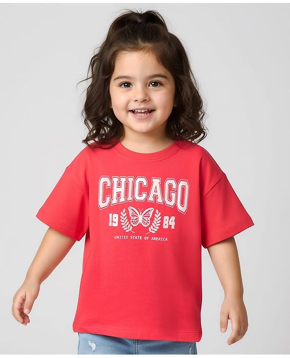 Babyhug Cotton Knit Half Sleeves T-Shirt With Chicago Text Print - Red