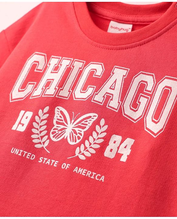 Babyhug Cotton Knit Half Sleeves T-Shirt With Chicago Text Print - Red