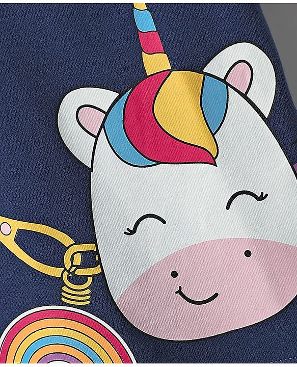 Babyhug Cotton Knit Half Sleeves Drop Shoulder T-Shirt With Unicorn Print - Navy Blue