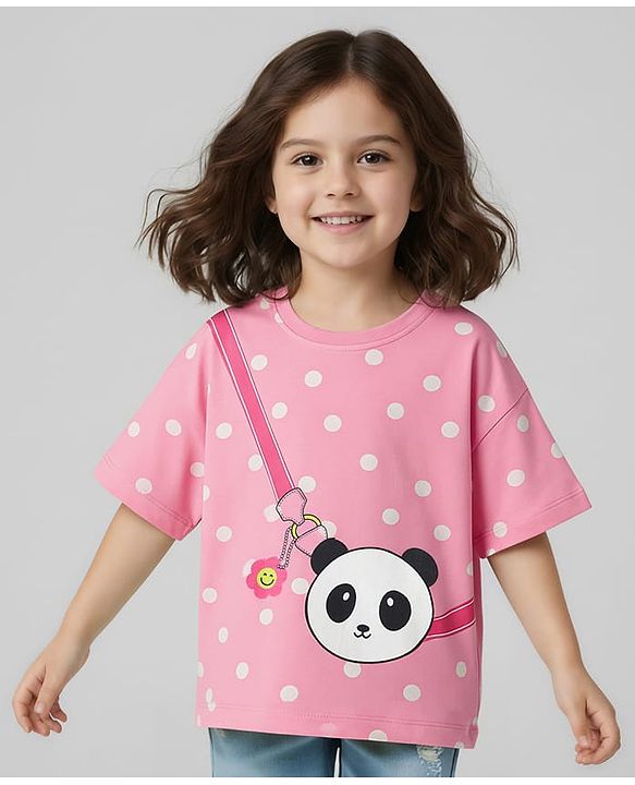 Babyhug Cotton Knit Half Sleeves T-Shirt with Polka Dots & Sling Bag Print - Pink