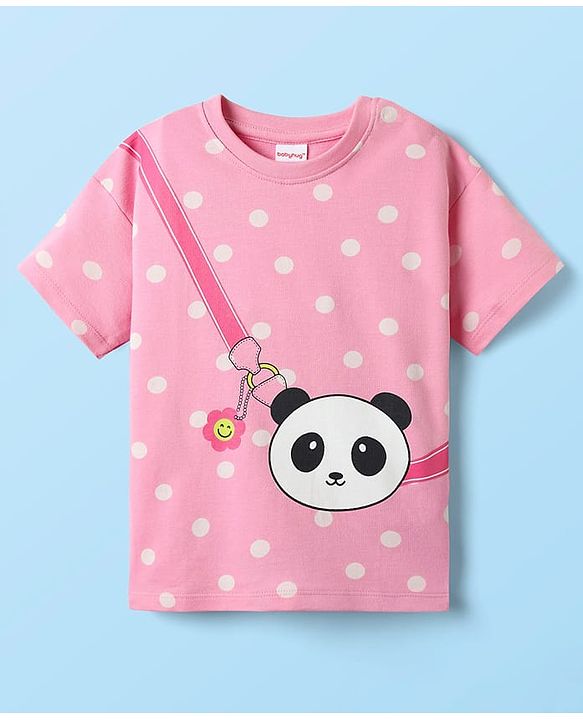 Babyhug Cotton Knit Half Sleeves T-Shirt with Polka Dots & Sling Bag Print - Pink