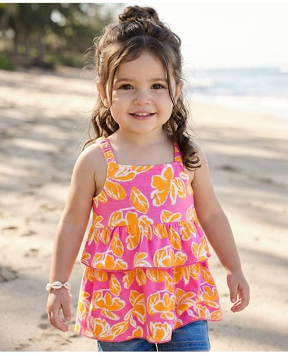 Babyhug Cotton Knit Sleeveless Layered Top with Floral Print - Pink