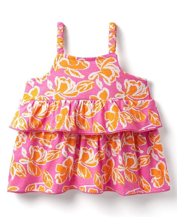 Babyhug Cotton Knit Sleeveless Layered Top with Floral Print - Pink
