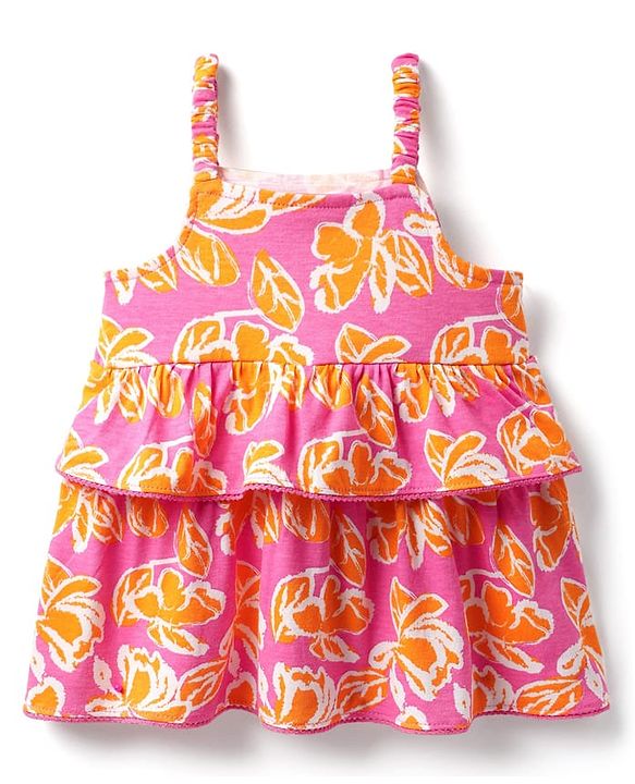 Babyhug Cotton Knit Sleeveless Layered Top with Floral Print - Pink