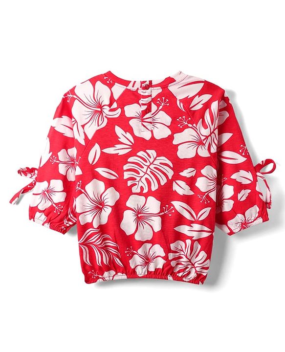 Babyhug Cotton Knit Three Fourth Raglan Sleeves With Floral Print - Red