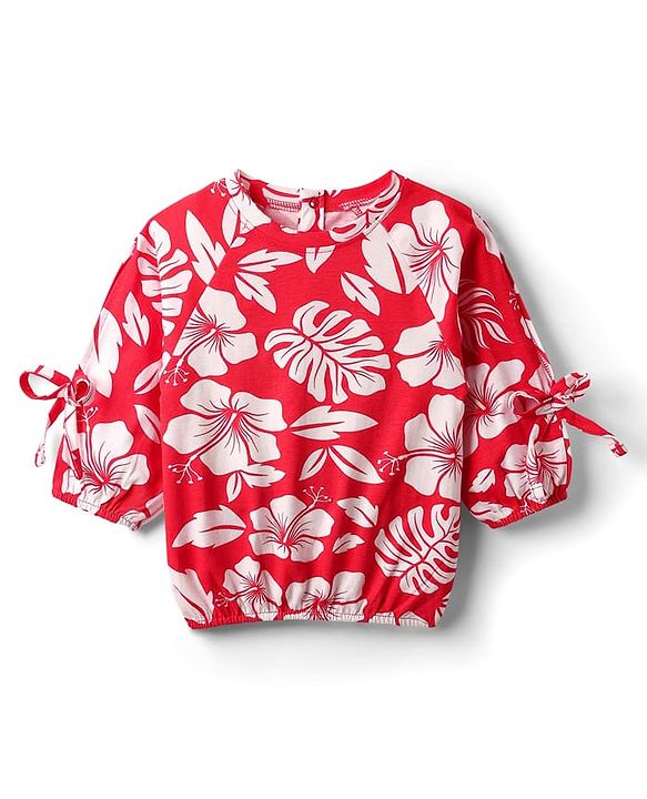 Babyhug Cotton Knit Three Fourth Raglan Sleeves With Floral Print - Red