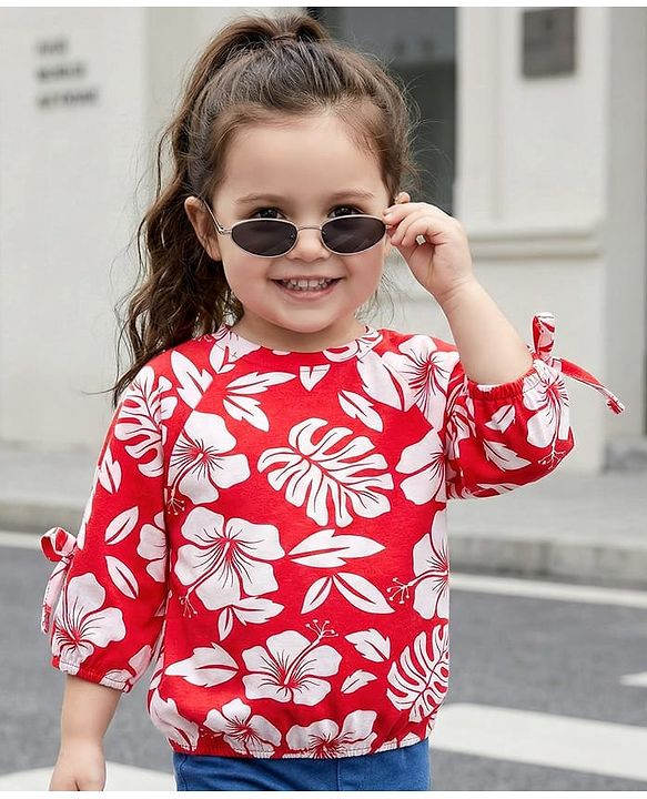 Babyhug Cotton Knit Three Fourth Raglan Sleeves With Floral Print - Red