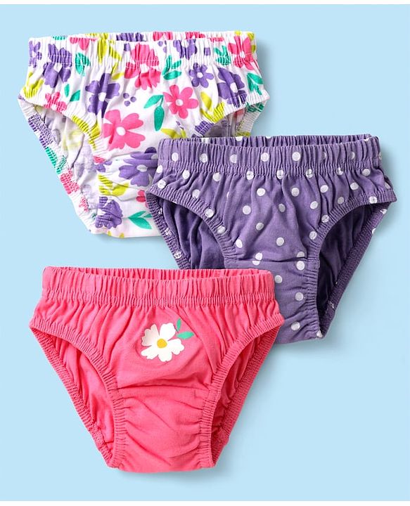 Babyhug 100% Cotton Knit Antibacterial Panties with Floral & Polka Dots Print Pack of 3 - Pink Lilac & White