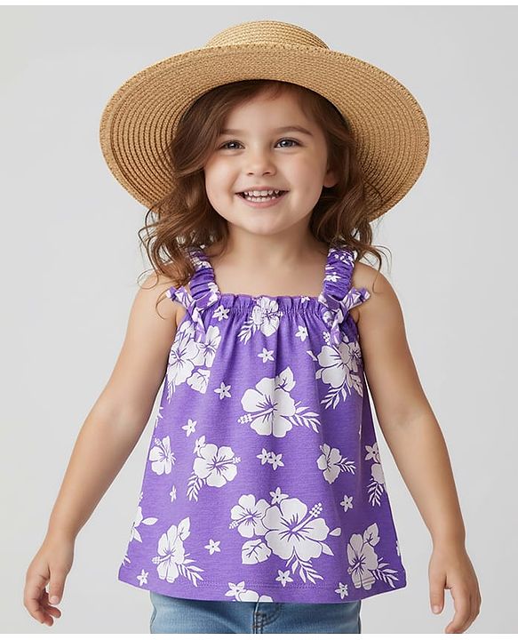 Babyhug Cotton Knit Sleeveless Top With Floral Print - Purple