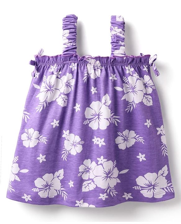 Babyhug Cotton Knit Sleeveless Top With Floral Print - Purple