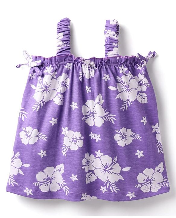 Babyhug Cotton Knit Sleeveless Top With Floral Print - Purple