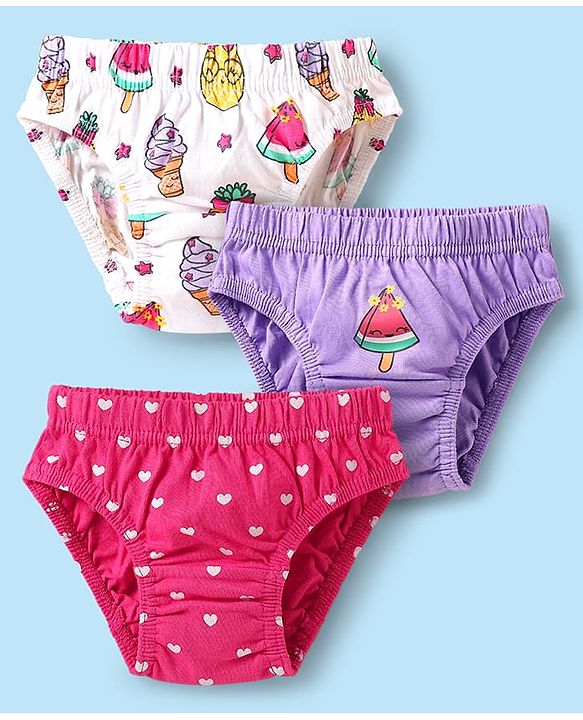Babyhug 100% Cotton Single Jersey Knit Panties With Heart & Tropical Theme Print Pack Of 3 - White Purple & Pink