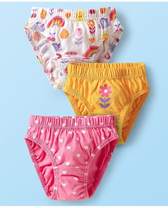 Babyhug 100% Cotton Antibacterial Panties With Heart & Floral Print Pack Of 3 - Dark Pink Yellow & White