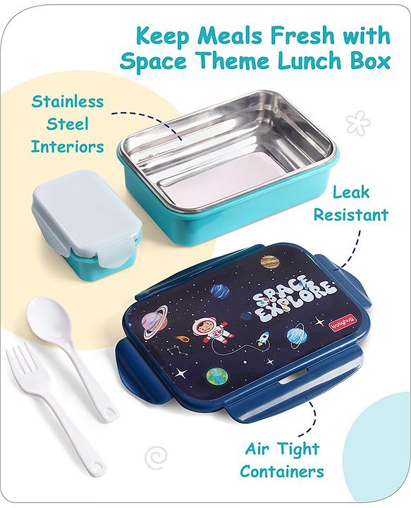 Babyhug Space Stainless Steel Lunch Box|BPA Free|Leak Proof|1 Lunch Box, 1 Container,1 Spoon, 1 Fork|550ML,110ML|Perfect for School Kids & Outdoors|(Color May vary)