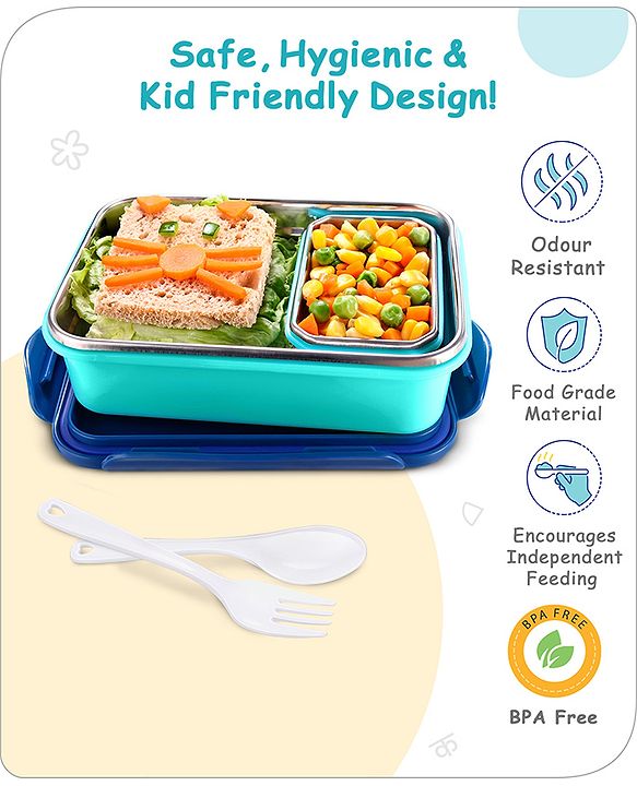 Babyhug Space Stainless Steel Lunch Box|BPA Free|Leak Proof|1 Lunch Box, 1 Container,1 Spoon, 1 Fork|550ML,110ML|Perfect for School Kids & Outdoors|(Color May vary)