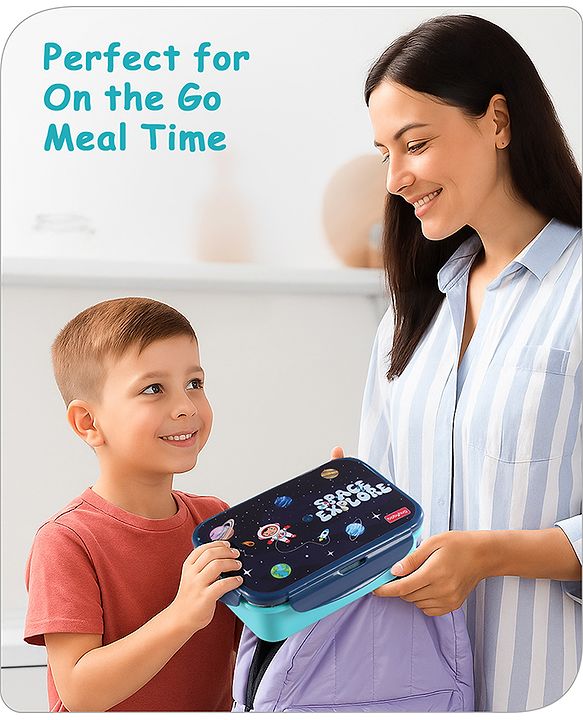 Babyhug Space Stainless Steel Lunch Box|BPA Free|Leak Proof|1 Lunch Box, 1 Container,1 Spoon, 1 Fork|550ML,110ML|Perfect for School Kids & Outdoors|(Color May vary)