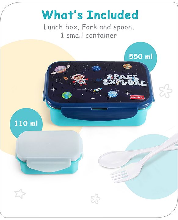 Babyhug Space Stainless Steel Lunch Box|BPA Free|Leak Proof|1 Lunch Box, 1 Container,1 Spoon, 1 Fork|550ML,110ML|Perfect for School Kids & Outdoors|(Color May vary)