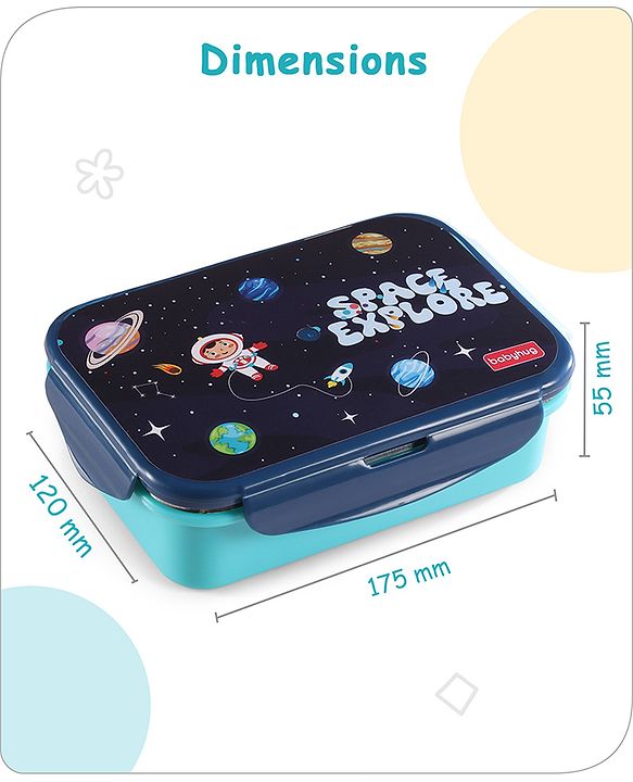 Babyhug Space Stainless Steel Lunch Box|BPA Free|Leak Proof|1 Lunch Box, 1 Container,1 Spoon, 1 Fork|550ML,110ML|Perfect for School Kids & Outdoors|(Color May vary)