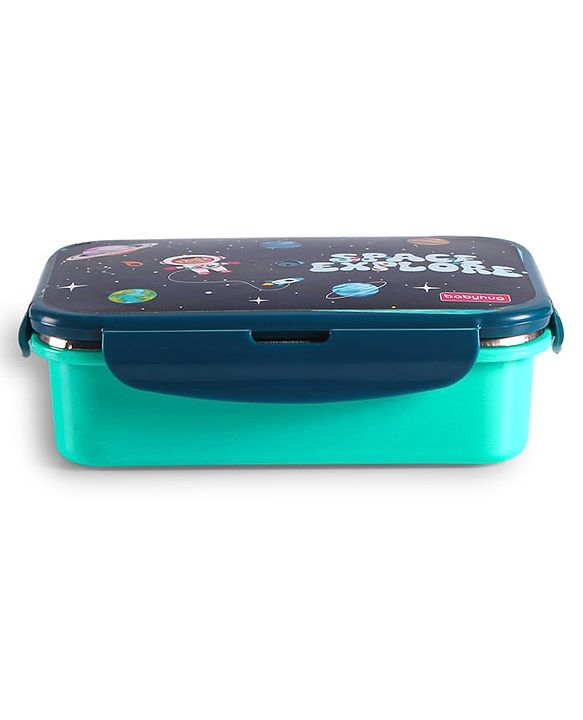 Babyhug Space Stainless Steel Lunch Box|BPA Free|Leak Proof|1 Lunch Box, 1 Container,1 Spoon, 1 Fork|550ML,110ML|Perfect for School Kids & Outdoors|(Color May vary)