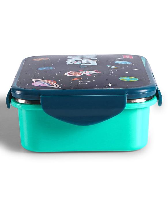 Babyhug Space Stainless Steel Lunch Box|BPA Free|Leak Proof|1 Lunch Box, 1 Container,1 Spoon, 1 Fork|550ML,110ML|Perfect for School Kids & Outdoors|(Color May vary)