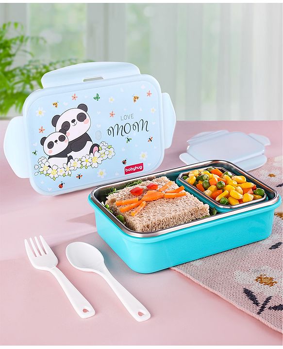 Babyhug Space Stainless Steel Lunch Box|BPA Free|Leak Proof|1 Lunch Box, 1 Container,1 Spoon, 1 Fork|550ML,110ML|Perfect for School Kids & Outdoors|(Color May vary)