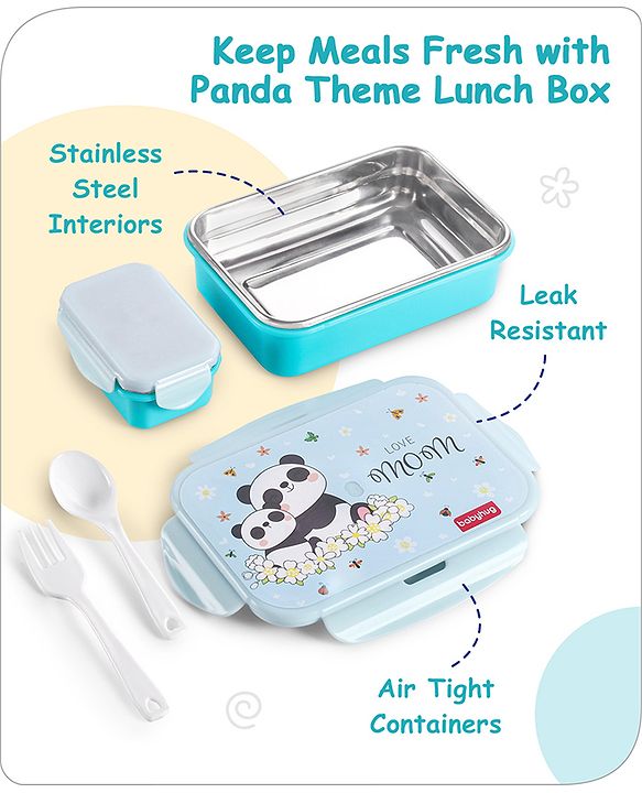 Babyhug Space Stainless Steel Lunch Box|BPA Free|Leak Proof|1 Lunch Box, 1 Container,1 Spoon, 1 Fork|550ML,110ML|Perfect for School Kids & Outdoors|(Color May vary)