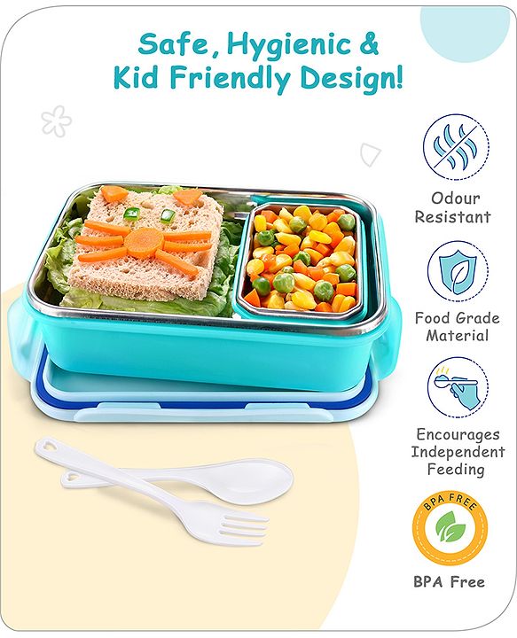 Babyhug Space Stainless Steel Lunch Box|BPA Free|Leak Proof|1 Lunch Box, 1 Container,1 Spoon, 1 Fork|550ML,110ML|Perfect for School Kids & Outdoors|(Color May vary)