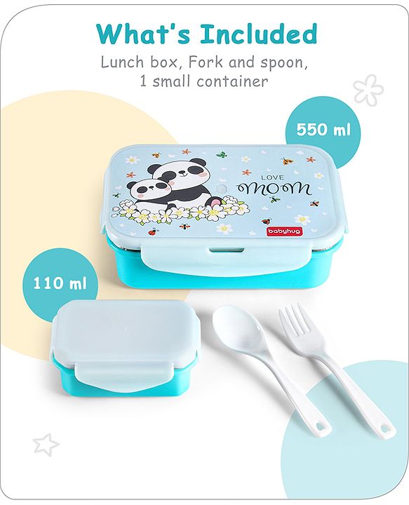 Babyhug Space Stainless Steel Lunch Box|BPA Free|Leak Proof|1 Lunch Box, 1 Container,1 Spoon, 1 Fork|550ML,110ML|Perfect for School Kids & Outdoors|(Color May vary)
