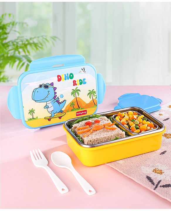 Babyhug Space Stainless Steel Lunch Box|BPA Free|Leak Proof|1 Lunch Box, 1 Container,1 Spoon, 1 Fork|550ML,110ML|Perfect for School Kids & Outdoors|(Color May vary)