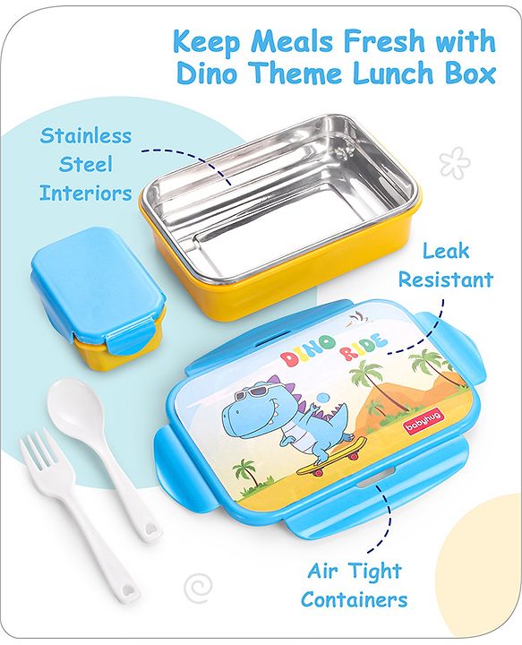 Babyhug Space Stainless Steel Lunch Box|BPA Free|Leak Proof|1 Lunch Box, 1 Container,1 Spoon, 1 Fork|550ML,110ML|Perfect for School Kids & Outdoors|(Color May vary)